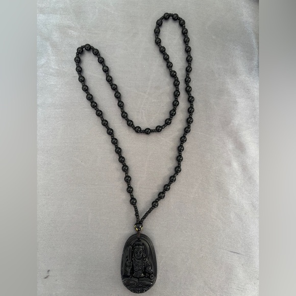 Black Jade Buddha Pendant Necklace EYE CANDY LOS ANGELES 24” Like New - Picture 3 of 6
